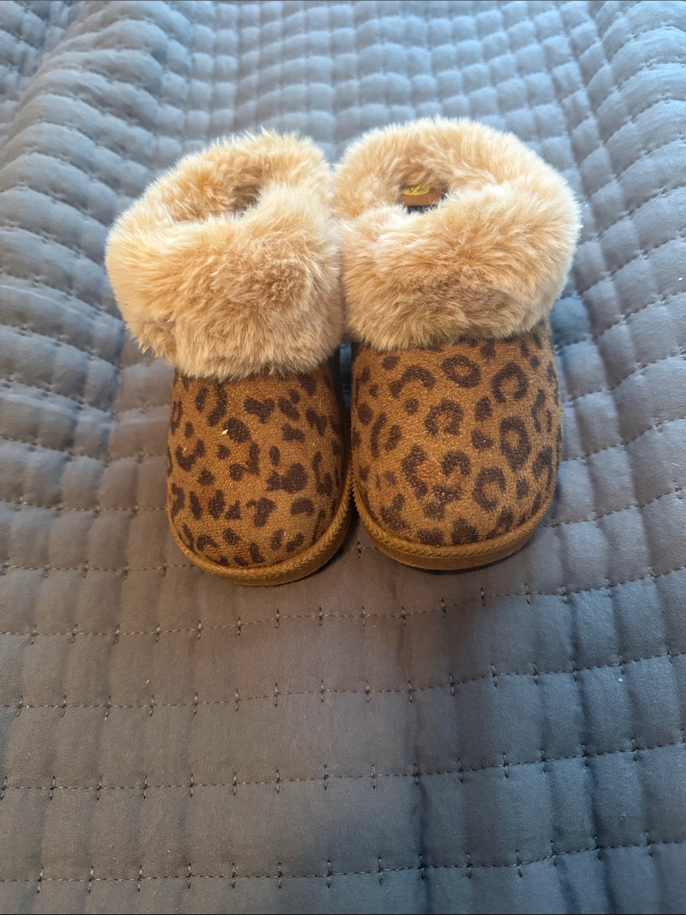 Kids Leopard Print Faux Fur Cuff Booties - Brown